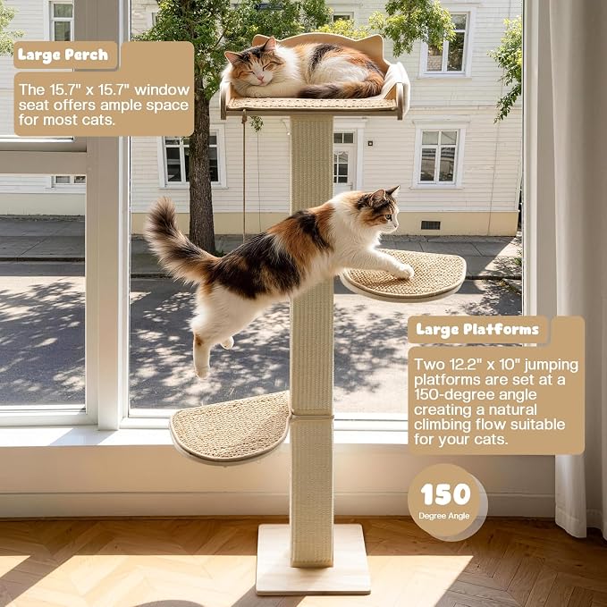 Solid Wood Cat Window Perch with 2 Jumping Platforms, Cat Hammock for Window with Scratching Post, Sisal Tall Cats Scratching Post with Large Perch, Wooden Cats Window Bed with 2 Suction Cups - Image 3