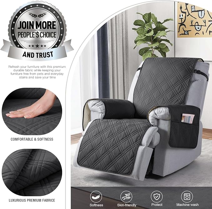 TAOCOCO Waterproof Recliner Chair Cover, Non Slip Oversized Recliner Covers for Recliner Chair with Pocket, Reclining Chair Cover Furniture Protector for Kids, Pets(28'', Charcoal Gray) - Image 2
