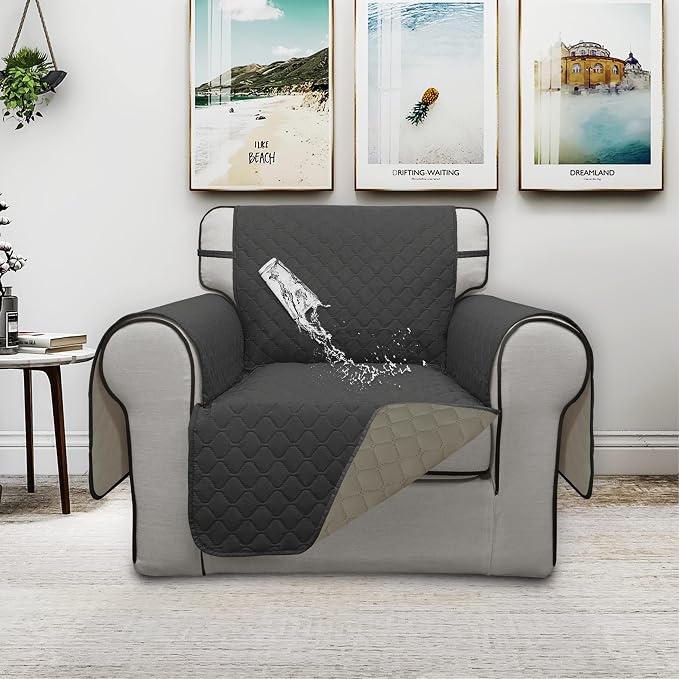ISSUNTEX Double Protection 100% Waterproof Chair Sofa Cover for Living Room, Reversible Furniture Protector for Dogs, Pets, Kids (Chair, Dark Gray/Beige) - Image 2