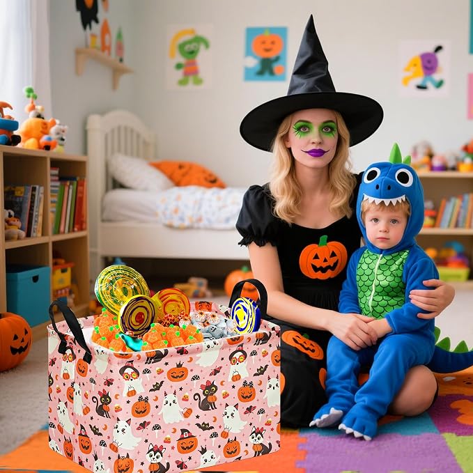 Pink Halloween Storage Basket for Girls, Pumpkin Ghost Bat Spider Design - Image 4