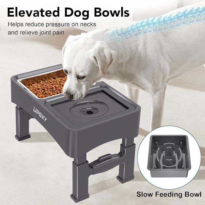 UPSKY 3-in-1 Elevated Dog Bowls Set with 4 Height Adjustable Stand, Gray | 304 Stainless Steel Bowl, No Spill Water Bowl, Slow Food Bowl, Anti-Slip, Dishwasher Safe, Suitable for Small Medium Dogs - Image 7