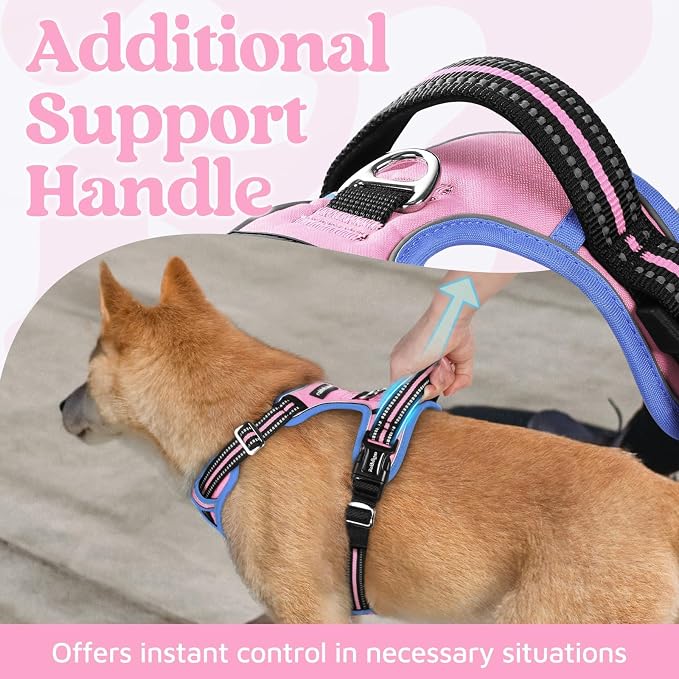 rabbitgoo Dog Harness for Large, No Pull 3 Buckles Easy On & Off | Soft Padded, Walking with Control Handle, Adjustable and Reflective, Light Pink & Blue, Large - Image 4