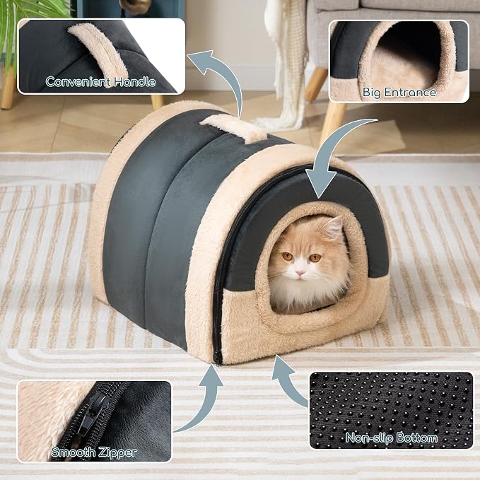 Hollypet Cat Bed Cave for Indoor Cats for Pets up to 20 lbs, Dark Gray | Warm Cat Arched Cave Bed Condo, Covered Kitty House with Removable Washable Cushion, Cozy Enclosed Pet Bed for Small Dogs - Image 5