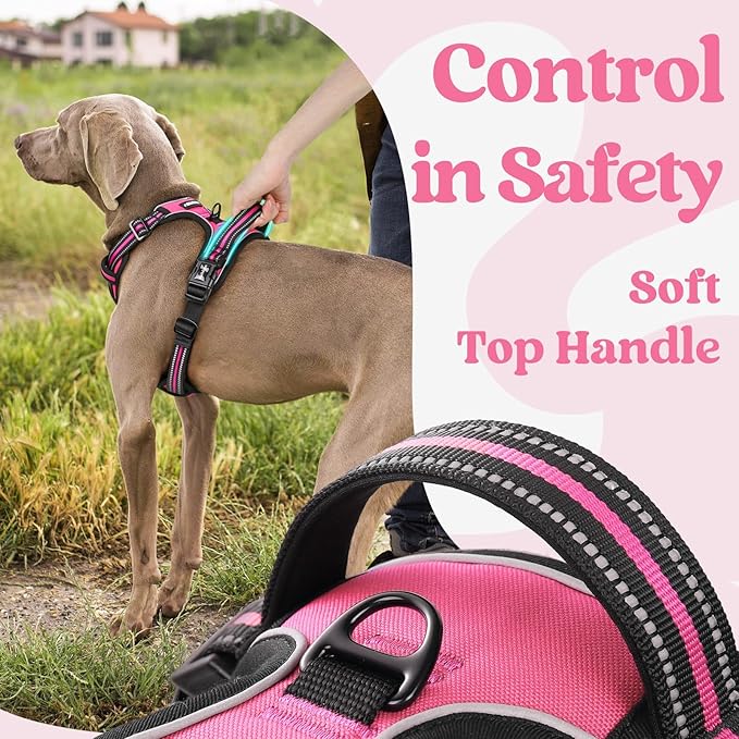 rabbitgoo Dog Harness Medium Sized, Updated Easy On & Off with 3 Buckles | No Pull No Choke, Walking with 2 Clips and Handle, Adjustable Soft Reflective, Rose Pink, Medium - Image 5