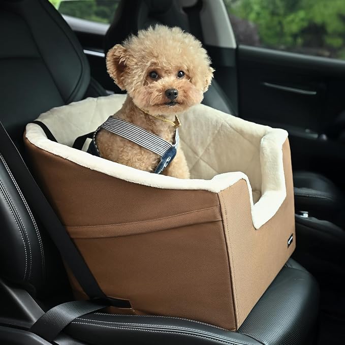 Amazon Basics Dog Car Seat Booster for Small Dogs up to 25lbs, Washable Removable Cover, Safety Leash, Elevated View for Window, 18" x 18" x 16", Tan - Image 7