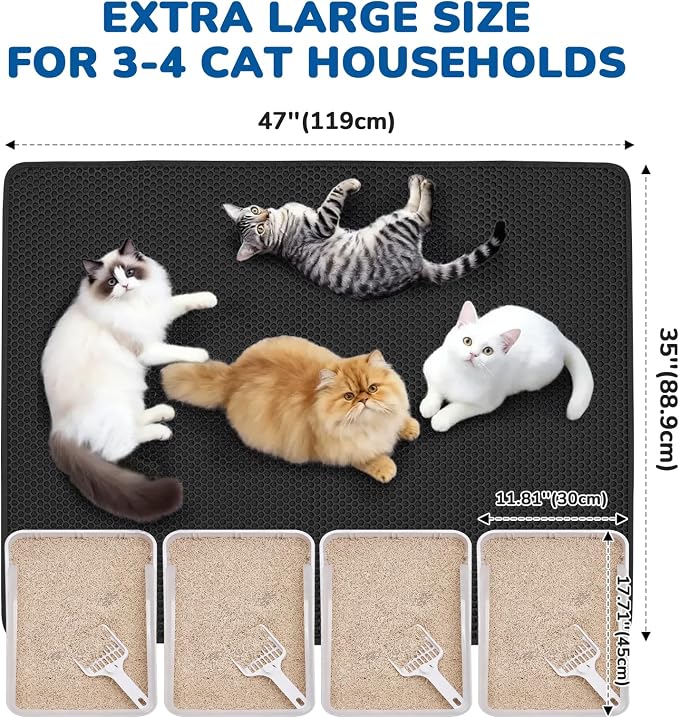 Cat Litter Mat 47" x 35", Washable Urine-Proof Non-Slip Black | Machine Washable, Upgraded Felt & Fabric Material Litter Mat for Fewer Creases, Hold 3-4 Litter Boxes, Soft on Paws - Image 3