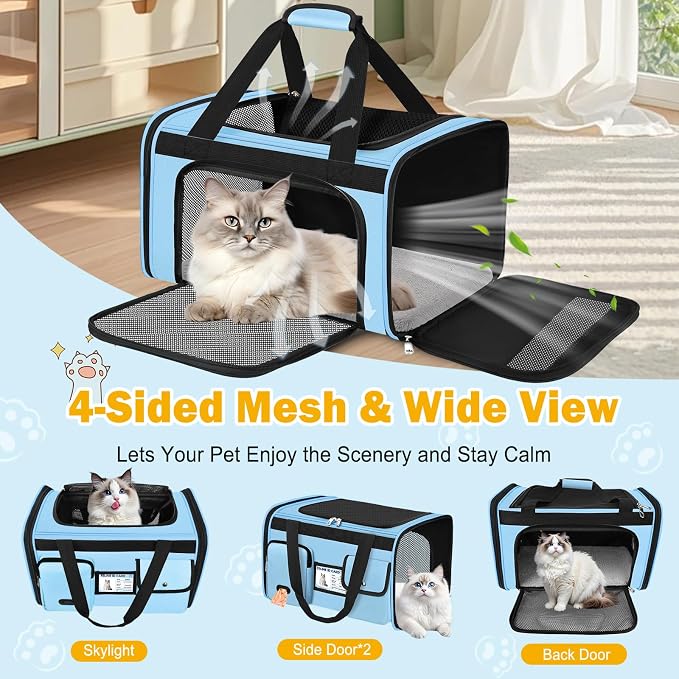 HUANLANG Large Cat Carrier Travel Soft Sided Pet Carrier Airline Approved | Dog Carriers for Small Dogs Medium Cats,Collapsible,3 Storage,zipper lock,Reflective strips,Luggage Strap, Up to 15 Lbs - Image 5
