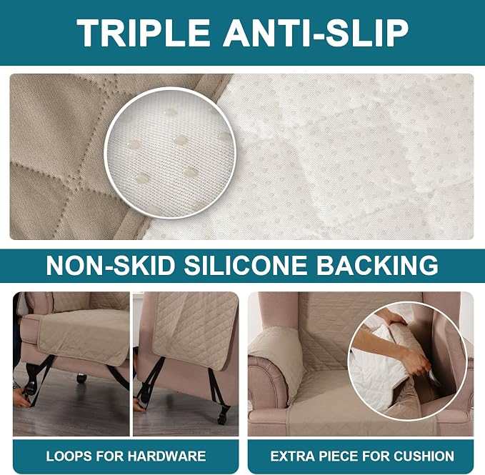 Turquoize 100% Waterproof Wing Chair Cover Wing Armchair Slipcovers Chair Couch Protector Triple Non-Slip Sofa Slipcover for Wing Chair Furniture Protector for Pets, Kids,Dog (Wing Chair, Khaki) - Image 4
