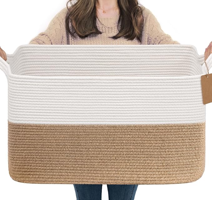 Goodpick 75L Extra Large Woven Rope Blanket Basket, Rectangle, Jute | 22" × 17" × 12" Decorative Storage Basket for Pillows, Toys & Daily Essentials, Fits Living Room, Bedroom & Home Decor by Goodpick