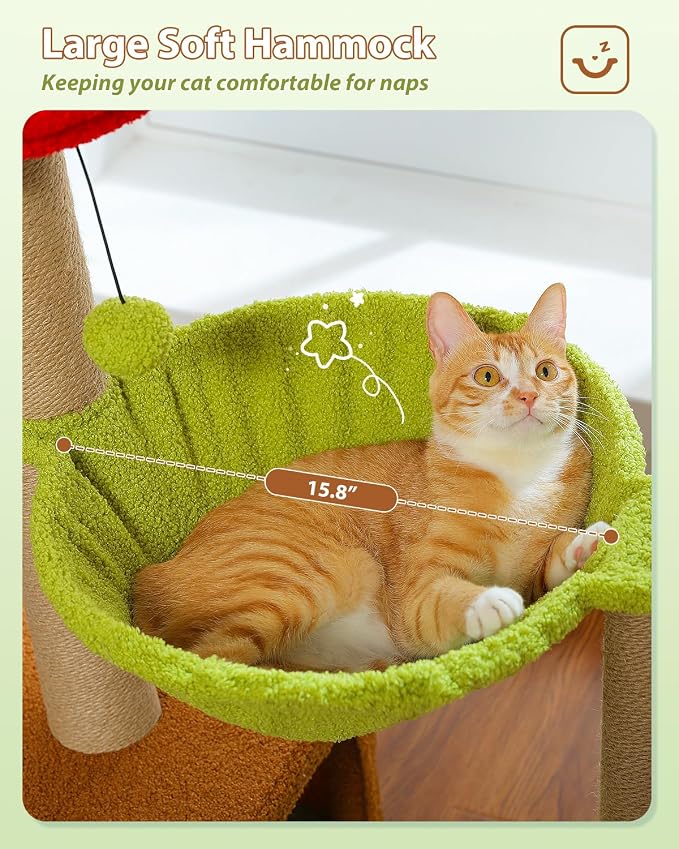 35" Flower Cat Tree for Kittens with Hammock & Sisal Posts, Brown | Flower-shaped top perch, Metal frame hammock, Sisal scratching posts, Cozy pink condo, Sturdy stable base, For small cats - Image 4
