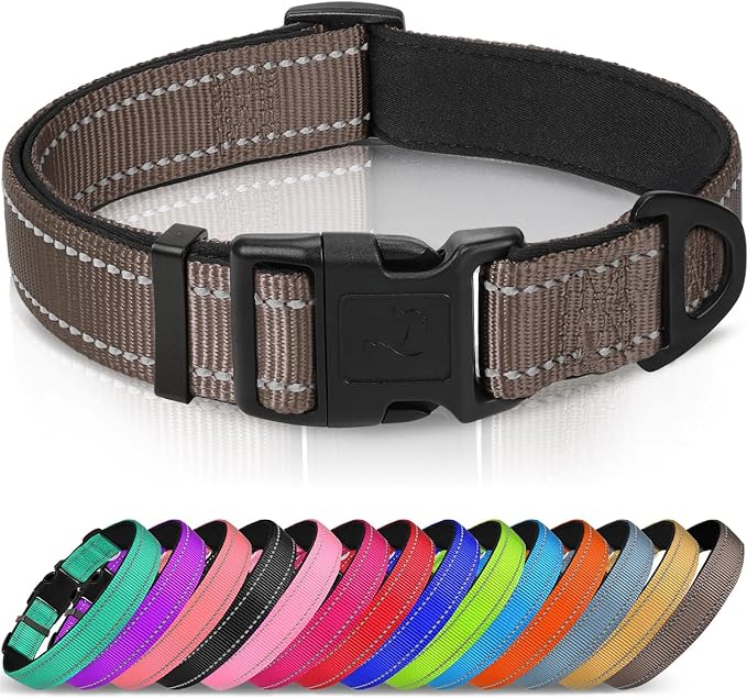 Joytale Reflective Dog Collar, Adjustable Neoprene Padded, Brown XL | Breathable Nylon for Large Breeds, No Chafing on Hikes and Outdoor Use, Tear-Resistant Webbing, Metal D-Ring, Night Safety by Joytale