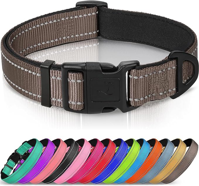 Joytale Reflective Dog Collar, Adjustable Neoprene Padded, Brown M | Breathable Nylon for Medium Dogs, No Chafing on Walks and Backyard Play, All-Day Comfort, Metal D-Ring, Night Safety by Joytale