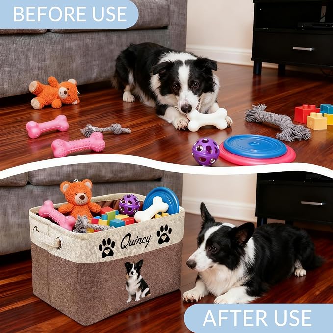Customized Pet Toy Storage Basket - Personalized Dog & Cat Toy Organizer with Name, Foldable & Durable Fabric Bin for Pet Supplies, Organizer for Toys, Coats, Clothing, Blankets Brown - Image 6