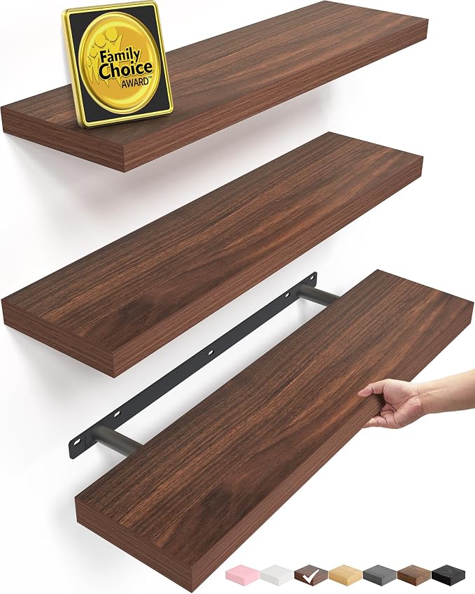 BAYKA Walnut-Like Floating Shelves 22.5in, 3Pack, Wall Mounted Wall Decor | Easy Install, 22lbs Max Load, Hidden Bracket, Shelf for Bathroom Bedroom Kitchen Books Display Storage, Multi-Wall Compatible by Bayka