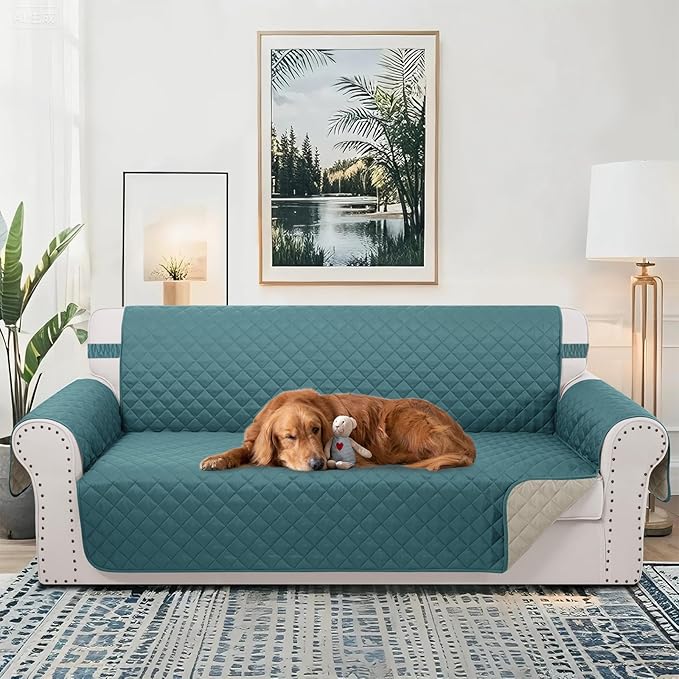 Reversible Couch Cover for 3 Cushion, Sofa, Blue/Beige | Couch Cover for Sofa, Pet Friendly Water Repellent Couch Sofa Cover, Washable Furniture Protector with Elastic Straps - Image 2