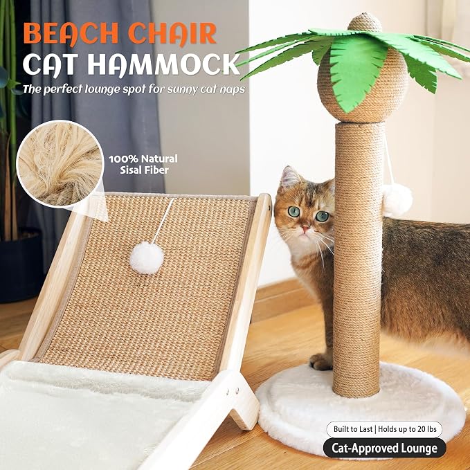 PETKARAY Beach Chair Cat Hammock, Elevated Cat Beds for Indoor Cats, Original Cozy Lounger with Sisal Scratcher and Toy Ball - Image 2