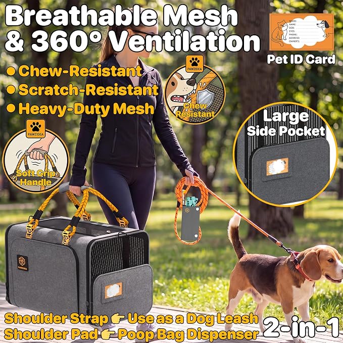 PAWZIDEA Expandable Large Pet Carrier, Soft-Sided 2–4 Cats Carrier Up 55lbs | 24"×16"×16" Collapsible Small to Medium Dog Carrier Travle Bag, Portable Dog Crate for Car Travel, Breathable, Storage Pocket - Image 3