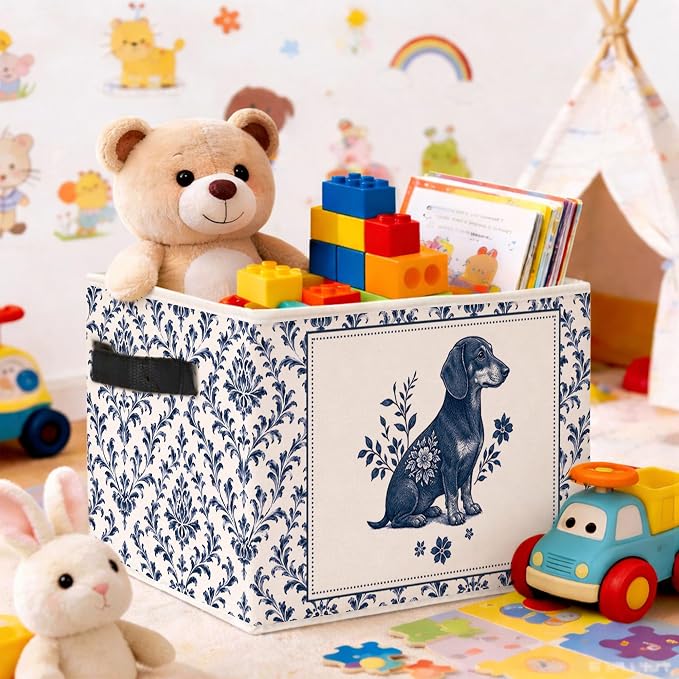 Blue Floral Dog Storage Bin, Foldable Fabric Organizer | Vintage blue floral dog storage bin for toys, books, clothes, pet supplies, nurseries, bedrooms, shelves, and closets. - Image 2
