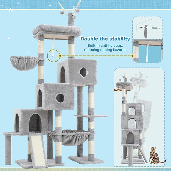 Hey-brother Cat Tree Tower with 3 Condos, Step Climbing Pathway MPJ081W | 74.8 Inches Scratching Post with 3 House, Hammock, Large Basket, Cozy Bed, Sisal Board, Toys for Big Indoor Cats, Light Gray - Image 7