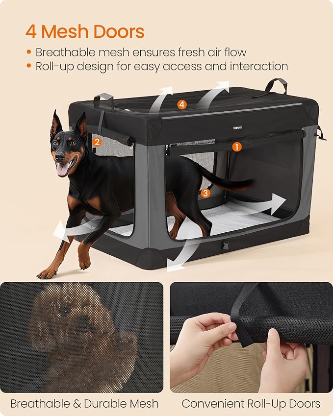 Feandrea Collapsible Dog Crate, Portable Oxford Fabric Pet Carrier, 48-Inch | For Extra Large Dogs, 4 Mesh Doors, Handles, Storage Pocket, Water Bottle Holder, Black and Gray BAX Collection UPDC022BH01 - Image 4