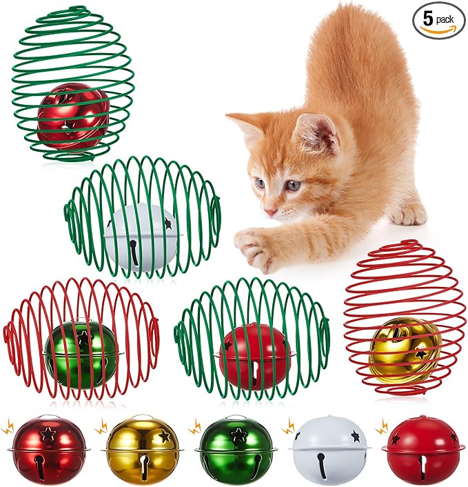 Jecery 5 Pcs Cat Toys Spring,Bell,Christmas Colors | Interactive Metal Cat Toy, Stretchable Rolling Ball, for Indoor Cats, Colorful Playful Coils, Kitten Pet Supplies by Jecery