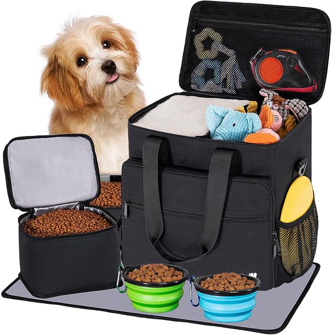 Dog Travel Bag, Large Pet Travel Set with Multi-Function Pockets | 2 Food Storage Containers, 2 Collapsible Bowls, 1 Feeding Mat for Pet Supplies, Road Trip Essentials, Weekend Camping, Black by LASUK