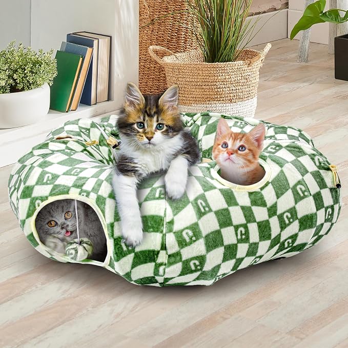 Cat Bed and Tunnel Toy - Cat Donut with Straight Tunnel, Washable Cushion, 4 Hanging Balls, 6 Peek Holes, Collapsible, Green - Image 8