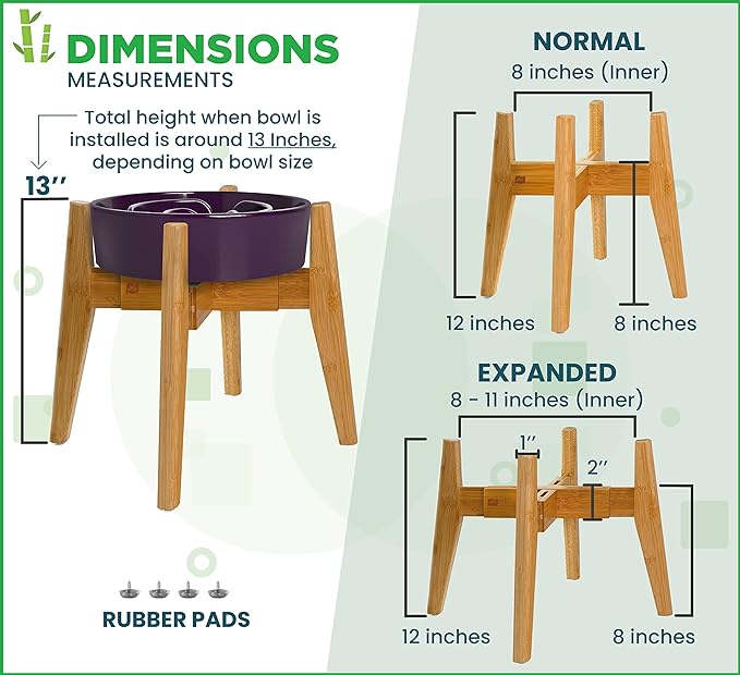 Dog Bowl Stand for Mid-Large Dogs | Adjustable, Bamboo, 12-inch High | Use to Elevate, Raise Pet Food Water and Slow Feeder Bowls, Expandable with Locking Option, Non-Slip Feet, Stand Only - Image 2