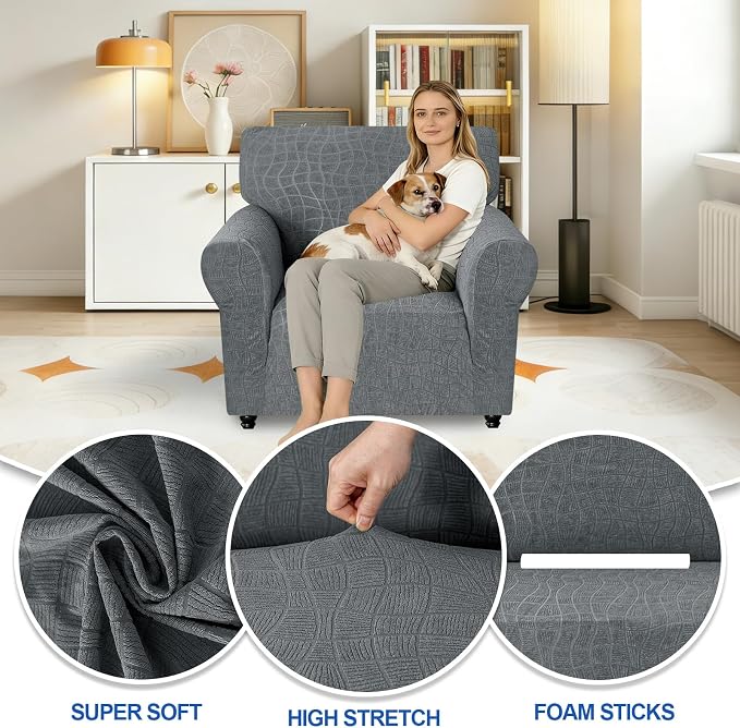 MAXIJIN Waterproof Chair Cover Armchair Covers for Living Room, 1 Piece Stretch Single Sofa Chair Slipcovers with Arms, Washable Furniture Protector for Dogs Pets (Small, Light Gray) - Image 2