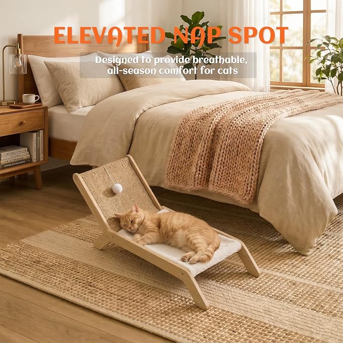 PETKARAY Beach Chair Cat Hammock, Elevated Cat Beds for Indoor Cats, Original Cozy Lounger with Sisal Scratcher and Toy Ball - Image 5