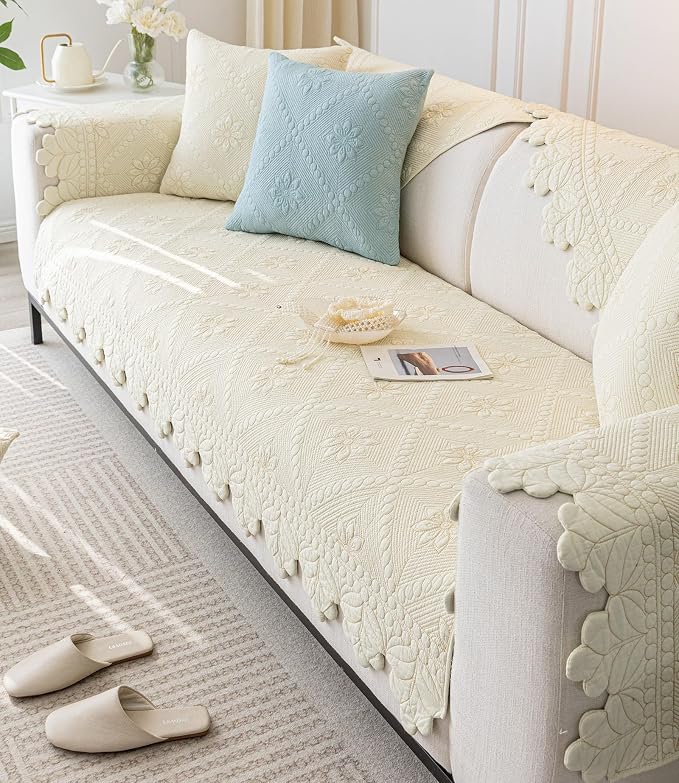 Cotton Quilted Dog Couch Cover for Sofa Farmhouse Rustic Embroidery Sectional Couch Cover Soft Anti-Slip Sofa Slipcover Furniture Protector for Kids, Pets (Ivory,36"x82") - Image 4