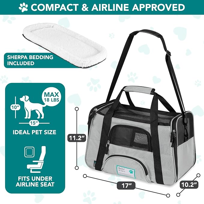 PetAmi Airline Approved Pet Carrier for Cats & Small Dogs, Small Light Gray | Soft Sided TSA Travel Bag, Sherpa Bed, Breathable Mesh Ventilation, Collapsible Bowl, Fits Under Seat, Up to 18 lbs - Image 2