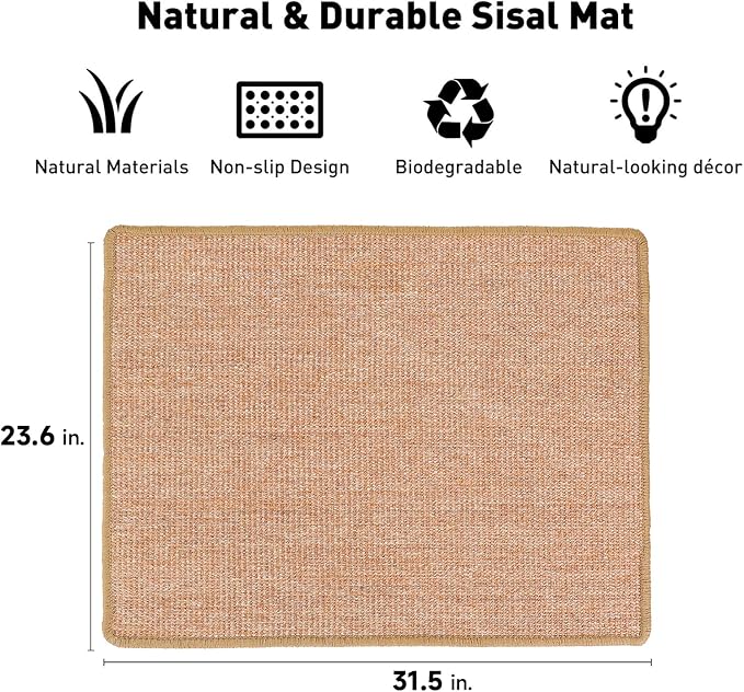 FUKUMARU Cat Scratcher Mat, 23.6 X 31.5 Inch Natural Sisal Cat Scratch Mat | Horizontal Cat Scratching Pad Mat Floor Rug with Sticky Tapes, Cat Wall Scratcher for Indoor Cats, Protect Couch and Carpet - Image 2