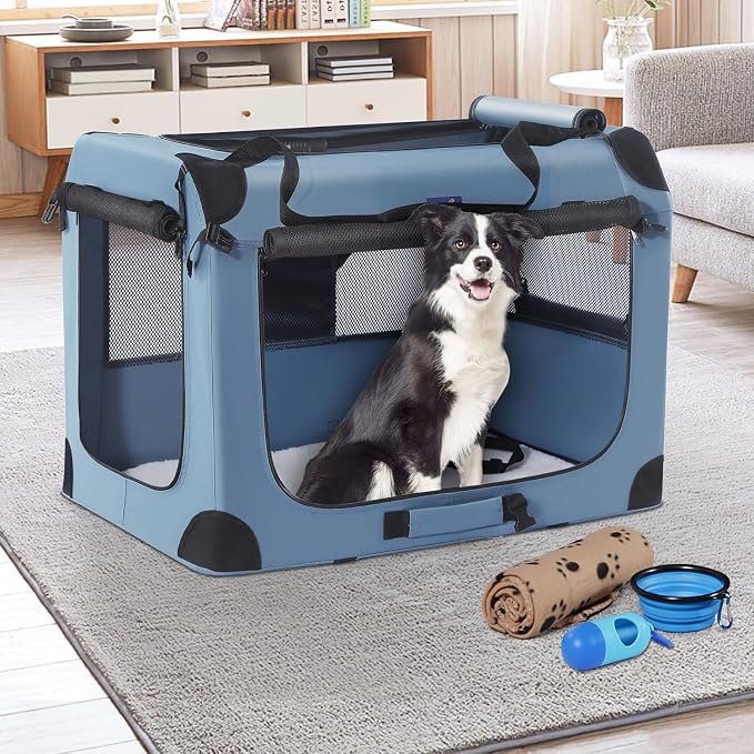Petprsco Portable Dog Crates for Medium Dogs, 32"x23"x23" Travel Dog Crate | Collapsible Dog Crate with Plush Mat, Soft Blanket & Foldable Bowl, Strong Fabric, 4-Sided Vents, 3 Doors, Indoor/Outdoor Use - Image 6