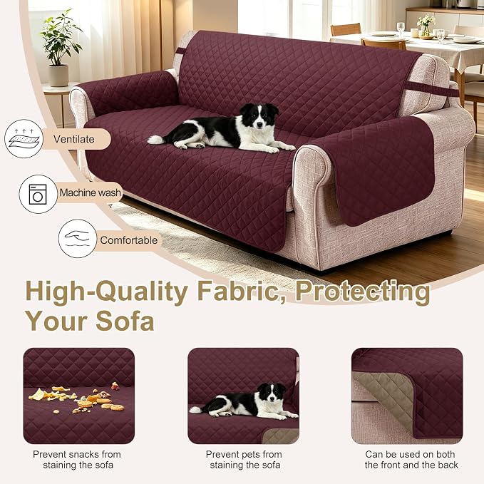Reversible Loveseat Couch Sofa Covers, 2-Seater, Burgundy | Loveseat Covers for Dogs Water Repellent, Friendly Furniture Protector with Elastic Straps for Living Room - Image 5