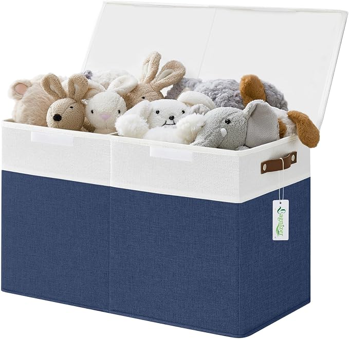 Bagnizer Large Toy Storage Box with Lids, Collapsible Sturdy Baby Storage Organizer Chest Bin Basket for Kids, Boys, Girls, Playroom, Nursery, Bedroom, Closet 25"x13"x16" (Navy Blue and White) by Bagnizer