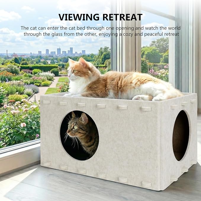 Cat House for Indoor Cats, Scratch Resistance Cat Cave Bed, Felt Peekaboo Cat Hideaway for Large & Multiple Cats Up to 22Lbs, Cream - Image 3