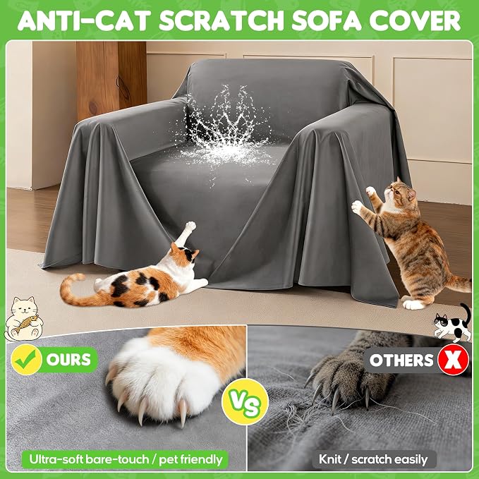 Loiion Cat Scratch Couch Cover Waterproof Sofa Cover 91"X71" Grey | Pet-Friendly Couch Protector, Anti-Scratch & Non Slip Sofa Cover For Cats Dogs Kids, Machine Washable - Image 9