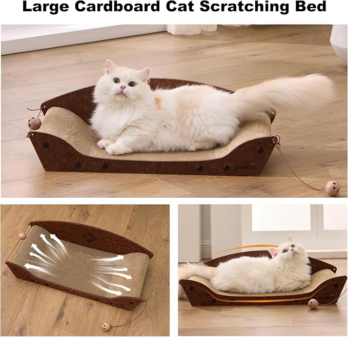 ZOMISIA 26'' Cardboard Cat Scratcher Bed - Large Scratcher Couch for Indoor Cats, Orthopedic Scratching Board, Lounger Scratching Couch with Bells - Image 8