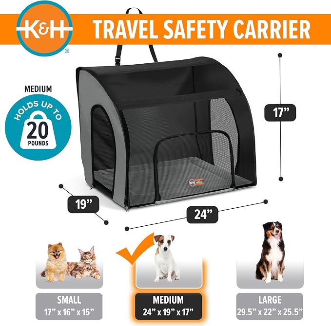 K&H Dog Car Seat, Travel Safety Carrier for Pets, Medium, Gray/Black | Enclosed Car Seat for Dogs, Soft-Sided Covered Pet Carrier, Washable Pad, Multiple Entrances, Mesh Windows, 24x19x17in - Image 2