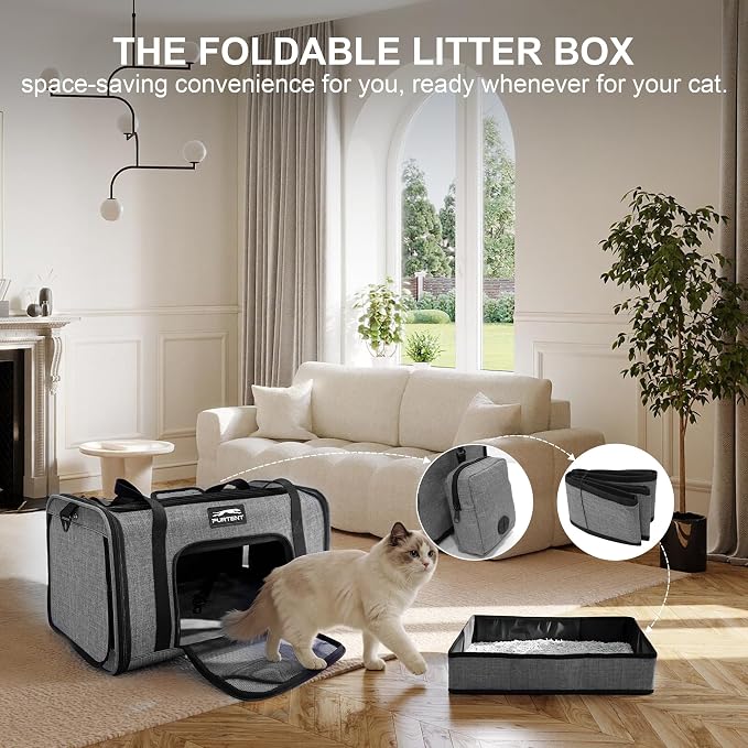 Soft-Sided Cat Carrier with Foldable Litter Box for Air Travel, Gray | A compact soft-sided carrier with a foldable litter box and organized storage for flights, car trips and hotel stays. - Image 4