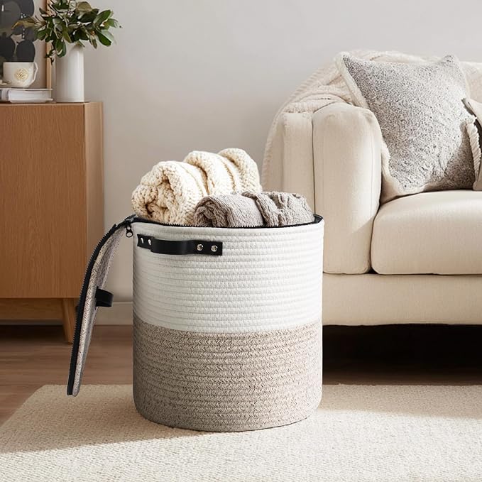Storage Basket with Lid, 18"x14" Large Woven Blanket Storage for Living Room, Round Cotton Rope Bin with Zipper Top, Shoe Basket with Lid for Entryway, Floor Kids Dog Toy Bin Box with Cover - Image 3