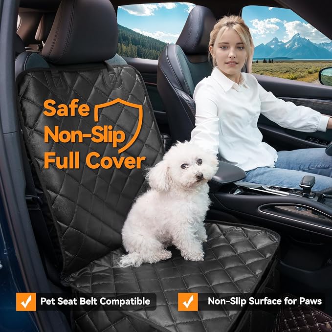 Dog Car Front Seat Cover,PU Leather Car Seat Cover for Pets & Humans,Black | Waterproof,Nonslip,Anti-Scratch,Heavy-Duty Captain Seat Protector Fits Most Cars, Trucks, SUVs，Minivans - Image 2