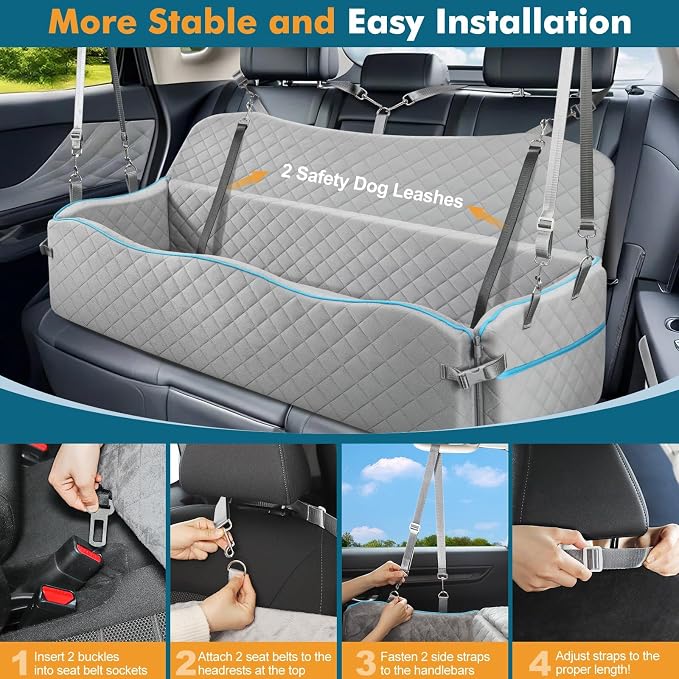 Large Dog Car Seat for Large Dogs Up to 120 lb, Thick Cushion, Grey | 3" High-Density Foam Dog Car Bed, 2-Sided Cool/Warm Cushion Cover , 2 Pockets, 3 Safety Belts, Detachable & Washable - Image 5