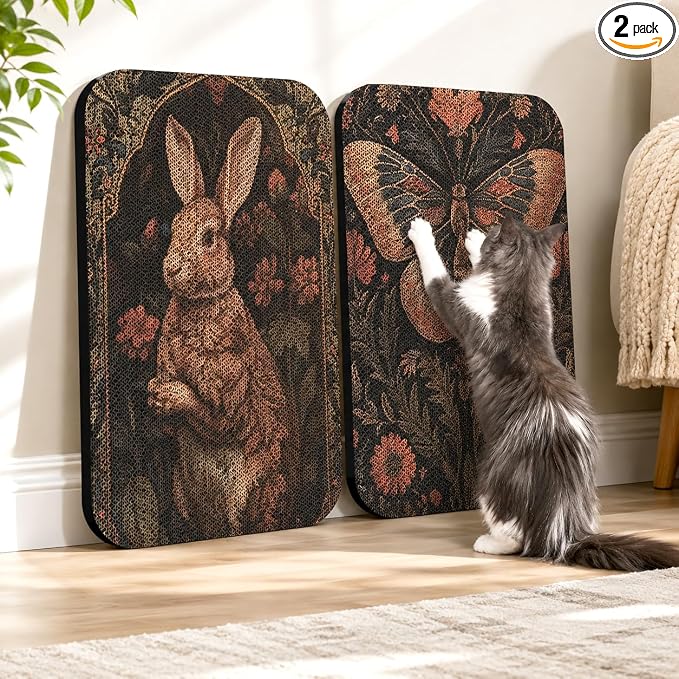 2 Pack Cat Wall Scratcher, Art Cat Scratching Board for Cats | Wall Mounted Cat Scratch Pad, Water-Based Ink, Hook&Loop Strips, Floor or Wall Use, 16.7x11x1 Inch, Butterfly & Rabbit by LESISSMER