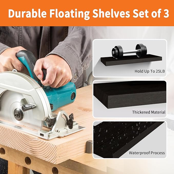 Floating Shelves for Wall Set of 3, 16 Inch Black Floating Shelves Bedroom | Smooth Black Finish, Engineered Wood Structure, Full Mount Hardware, Multi-scene Wall Storage - Image 5