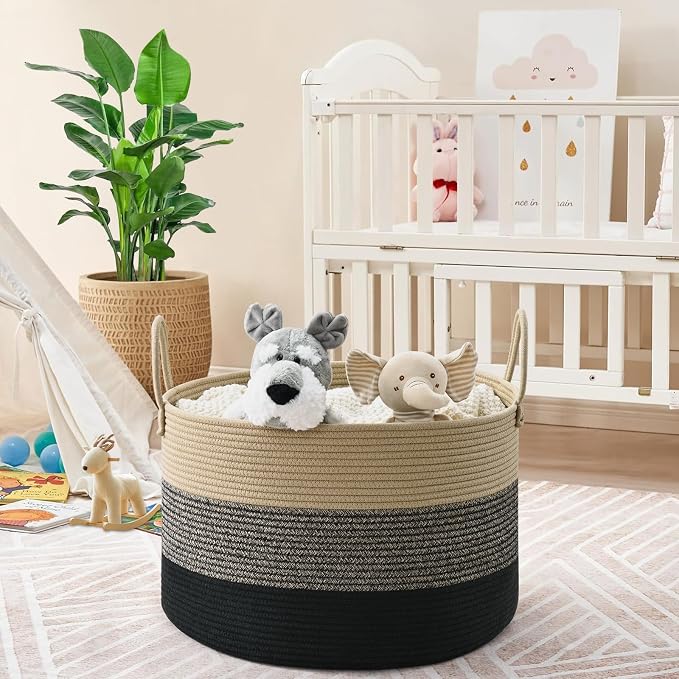 67L Large Woven Blanket Basket, Cotton Rope Baby Laundry Hamper with Handles, Kids Toy Basket for Classroom & Nursery, Soft Round Stuffed Animal Storage, Dog Toy Bin - 20"x13", Black & Brown - Image 9