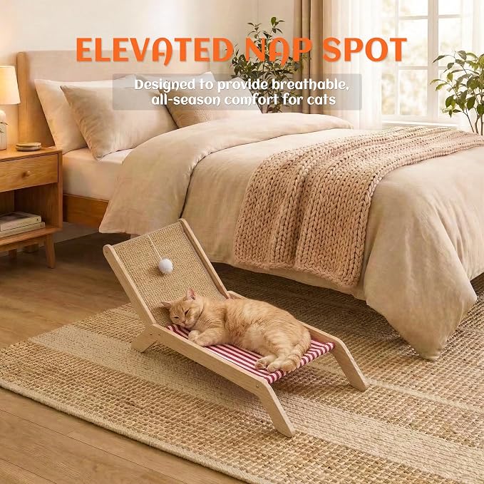 PETKARAY Beach Chair Cat Hammock, Elevated Cat Beds for Indoor Cats, Original Cozy Lounger with Sisal Scratcher and Toy Ball - Image 5