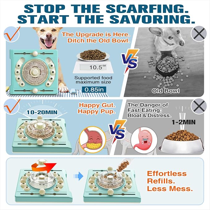 KADTC 2-Level Dog Puzzle Toy, Spin to Release Treat Dispenser & Slow Feeder | LARGE: Fill center hopper once. 2.5 cups of treats fuel 3 ways to play: slows fast eating;boredom-busting mental stimulation - Image 4