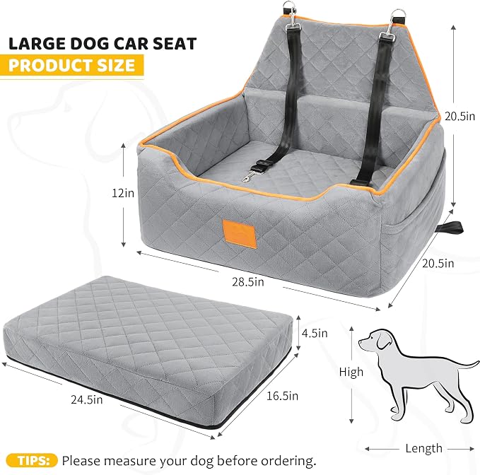 XIEEAOZEE Dog Car Seat for Large/Medium Dog, Booster Seat for Dogs Under 55Lbs or 2 Small Puppy, Detachable and Washable Travel Pet Bed with Thick Cushion and Storage Pockets (Gray) - Image 2